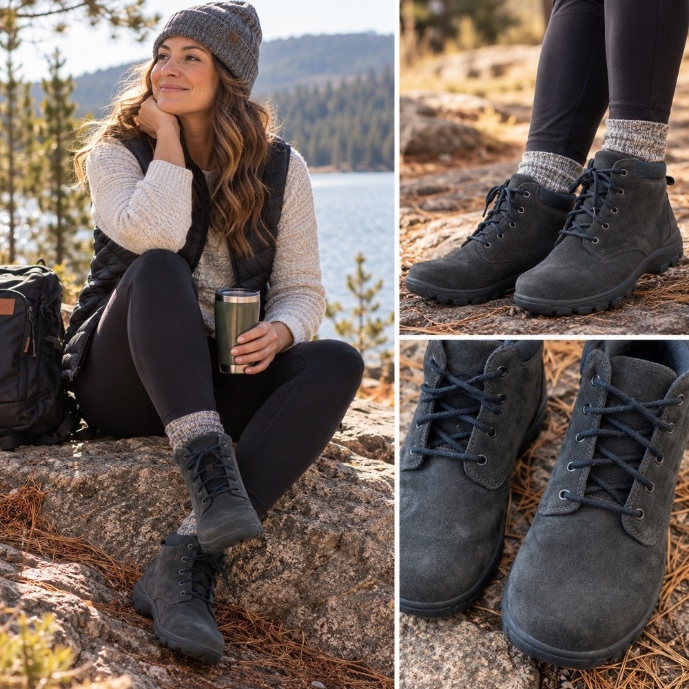 Lands' End Womens Gray Suede Lace Up Ankle‎ Boots Lug Sole 7M 79987
